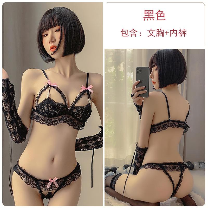 Velký krajkový sexy dámský set spodního prádla pro šéfovou pánské třídílné bikini ultratenké dámské kalhotky podprsenka