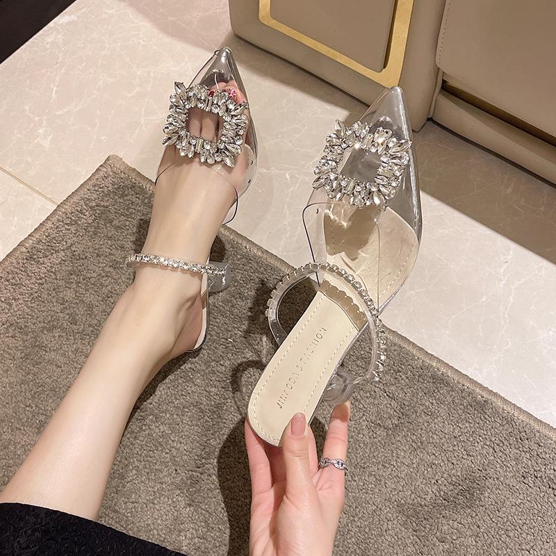 Fashion Outer Wear Thin Heel Slippers Women's Summer 2025 New Rhinestone Square Buckle High Heel Transparent Pointed Cool Slippers Women
