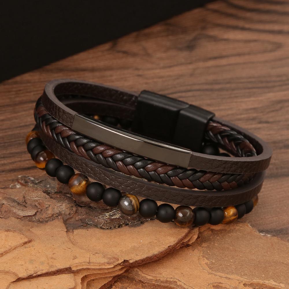 Men's Hand-woven Leather & Stainless Steel Natural Stone Bracelet