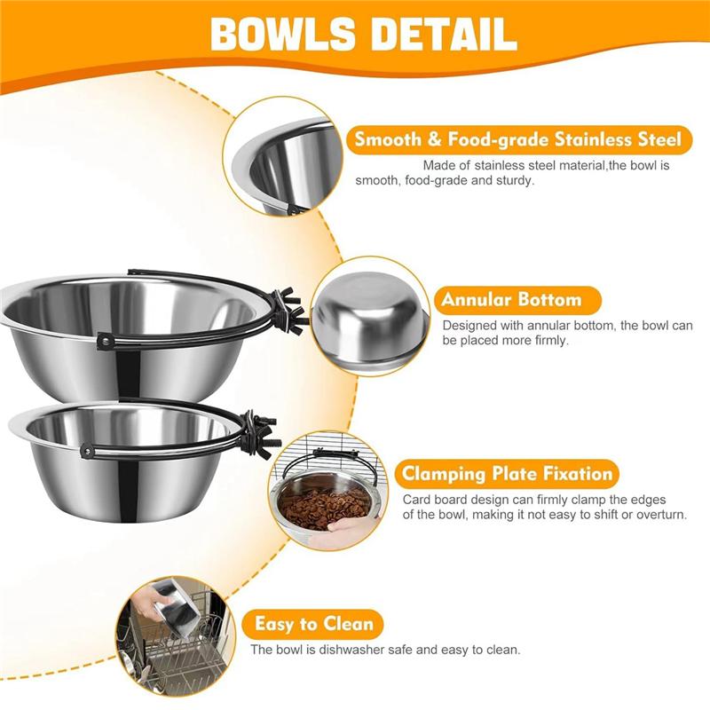AD23-2 Pack Dog Bowl For Crate Pet Food Water Bowl For Cage Hanging Non-Spill Feeder Bowls