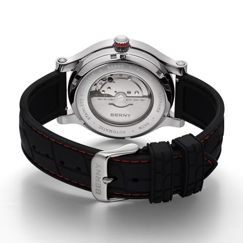 BERNY Men's Mechanical Watch - Automatic and Manual Winding, Miyota 8215 Movement, Multifunction Calendar, Luminous Hands, Display Back Cover, 5ATM