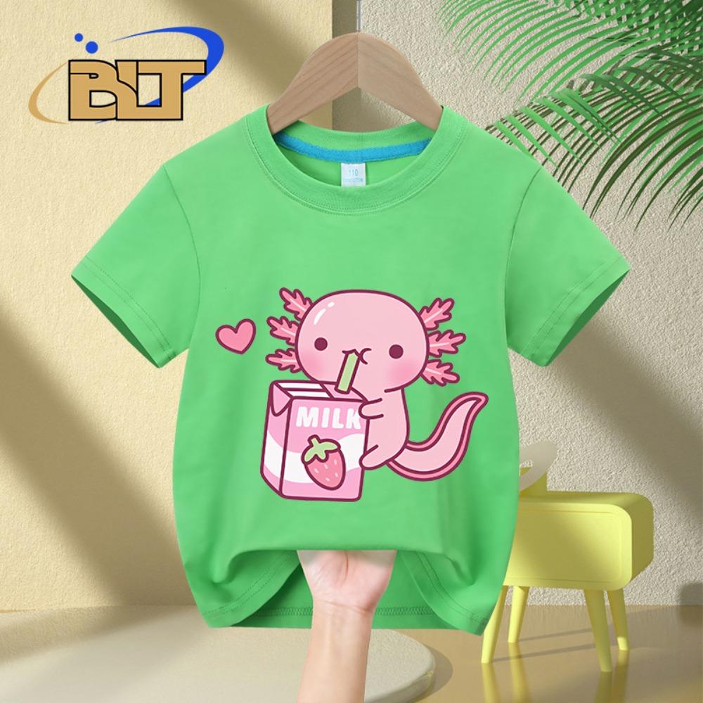 Cute Strawberry Milk Graffiti Print Children's T-shirt Summer Short-sleeved Casual Tops for Boys and Girls