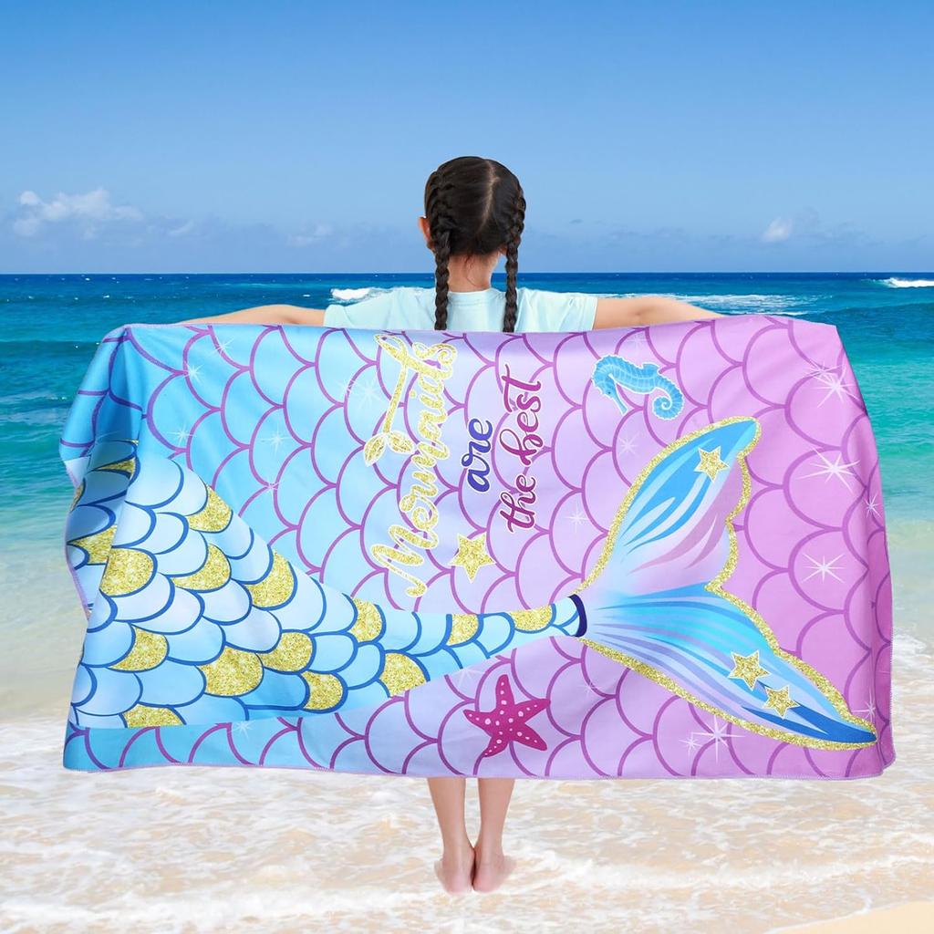 Kids Mermaid Beach Towels Quick Dry Sand Free Absorbent Bath Pool Beach Towel for Girls Travel Shower Swimming Camping Kids