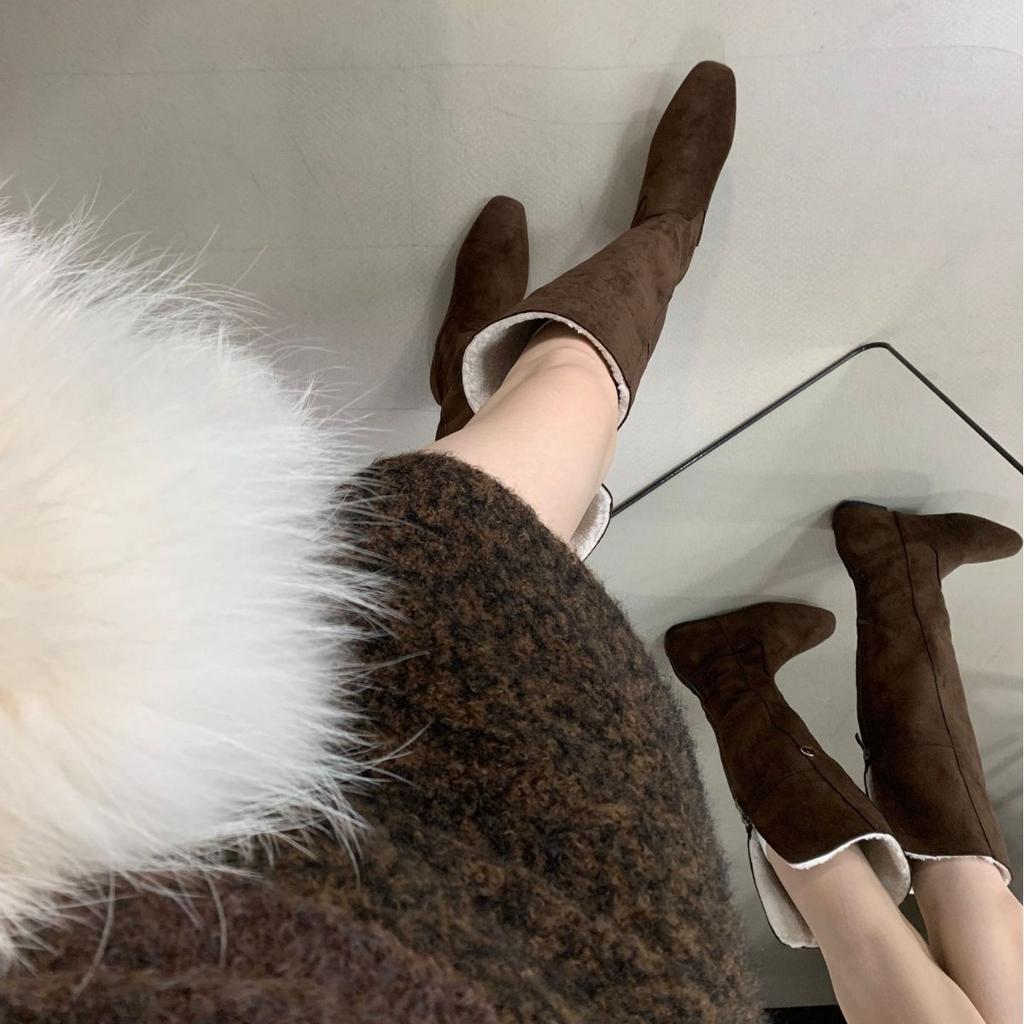 2025 podzim a zima nové kulaté špičky chlupaté boční zip silný podpatek vysoká holenní část Martin teplé sněhové dámské rytířské boty