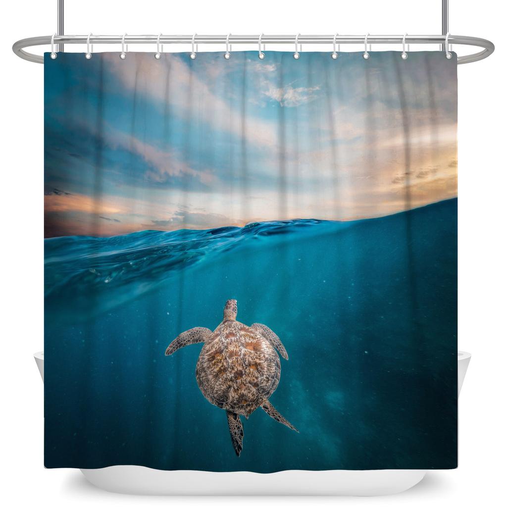 Underwater World Theme Bathroom Shower Curtain Sharks Turtles Jellyfish Decor Waterproof Bathroom Polyester Curtain With Hooks