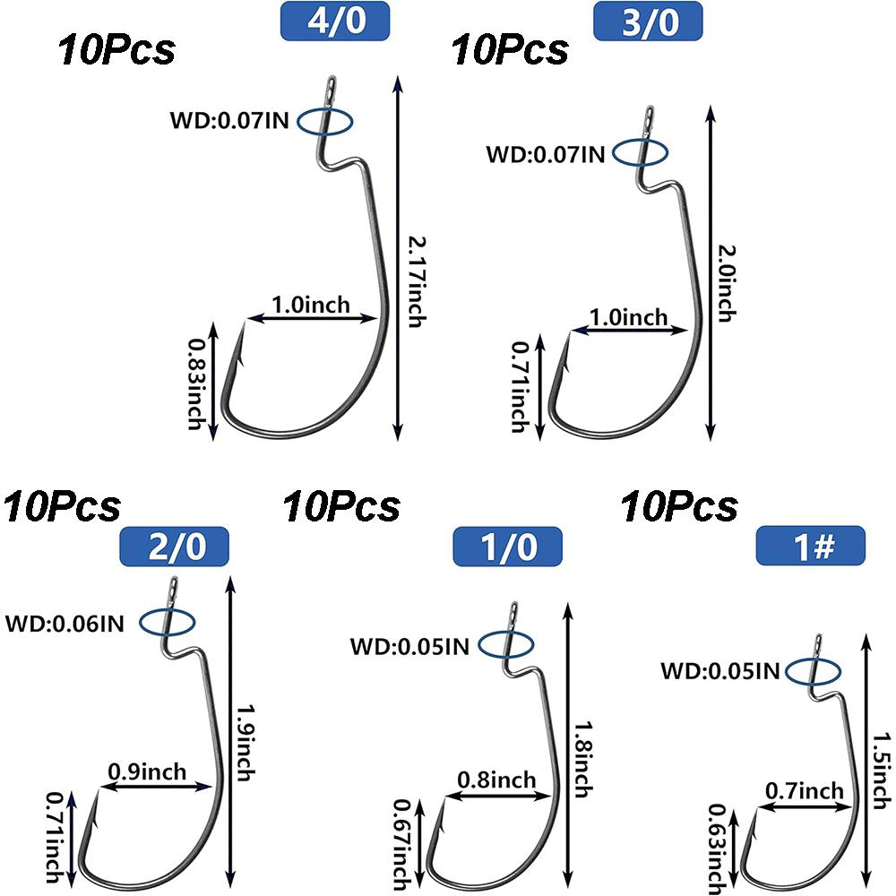 50Pcs Bass Fishing Worm Hooks Kit High Carbon Steel Offset Bass Fishing Hooks for Bass Trout Saltwater Freshwater Fishing Tackle