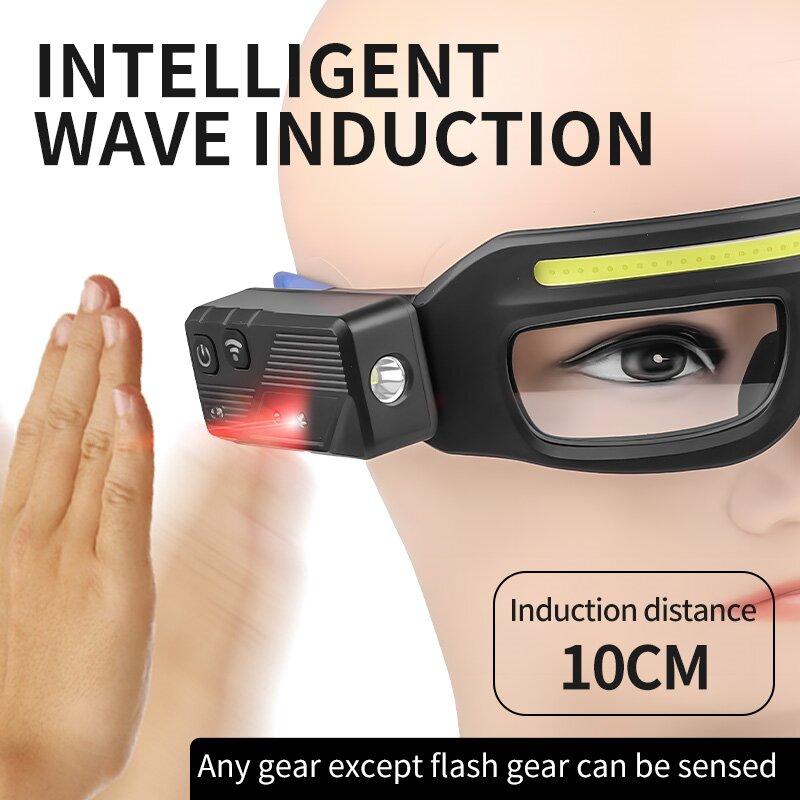 Induction COB Headlight Waterproof LED Headlamp Floodlight USB Rechargeable Head Torch 5 Lighting Modes for Camping Emergency