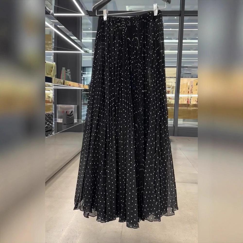 Black polka dot skirt women s spring and summer new high waist medium and long skirt elastic waist thin pleated skirt women S чёрный