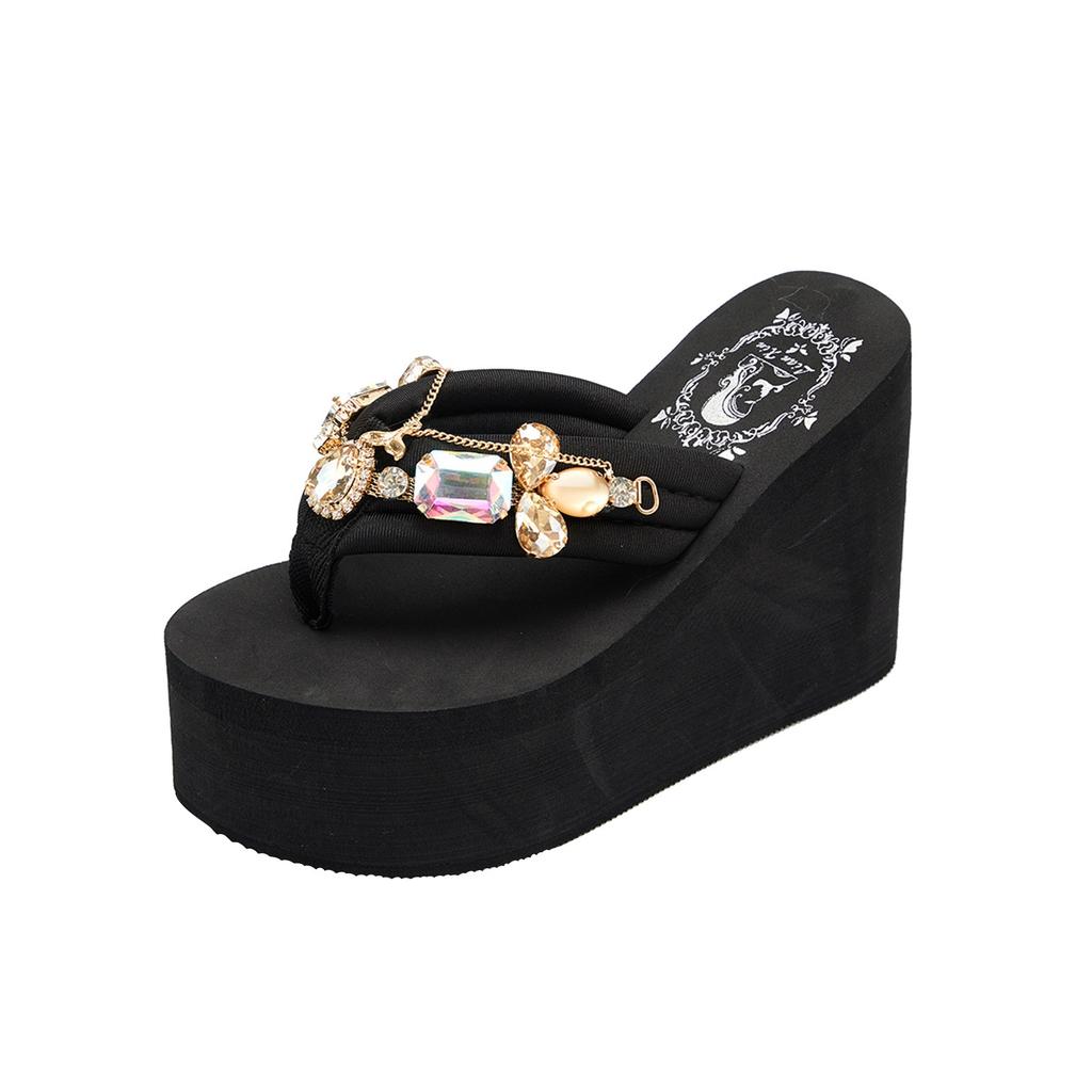 Ladies Flip Flops Shoes Wedge Platform Thick Sole High Heel Rhinestone Slipper Women Fashion Diamond Chain Slippers Zapatos