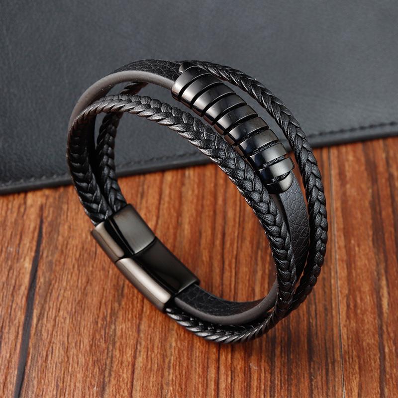 Men Bracelet Fashion Multi-layer Leather Stainless Steel Magnet Clasp Bangles Birthday Jewelry for Male Accessories Gifts