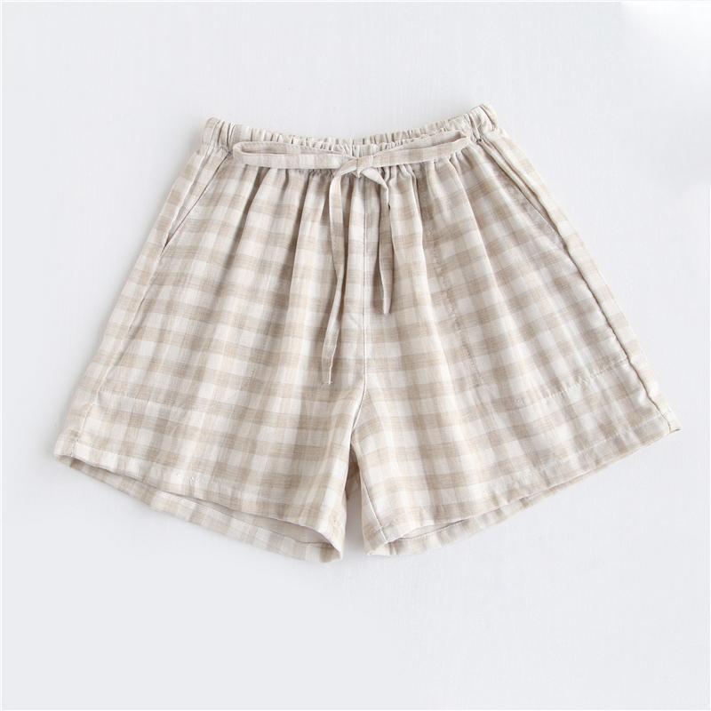 Paar Pyjamas Sommer Baumwolle Gaze Shorts japanischen Stil einfache elastische Taille lässig große Gitter Männer und Frauen Heimhosen