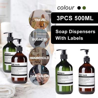 3er-Pack, 500 ml, nachfüllbarer Badezimmer-Flüssigseifenspender mit Pumpe, brauner/grüner Shampoo- und Conditioner-Spender mit 8 Etiketten