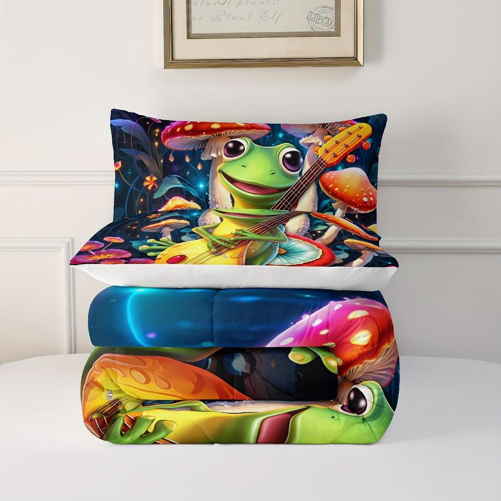 Cute Frog Guitar Comforter Set Botanica Mushroom 3 Piece Bedding Set Cartoon Comforter For Room Decor
