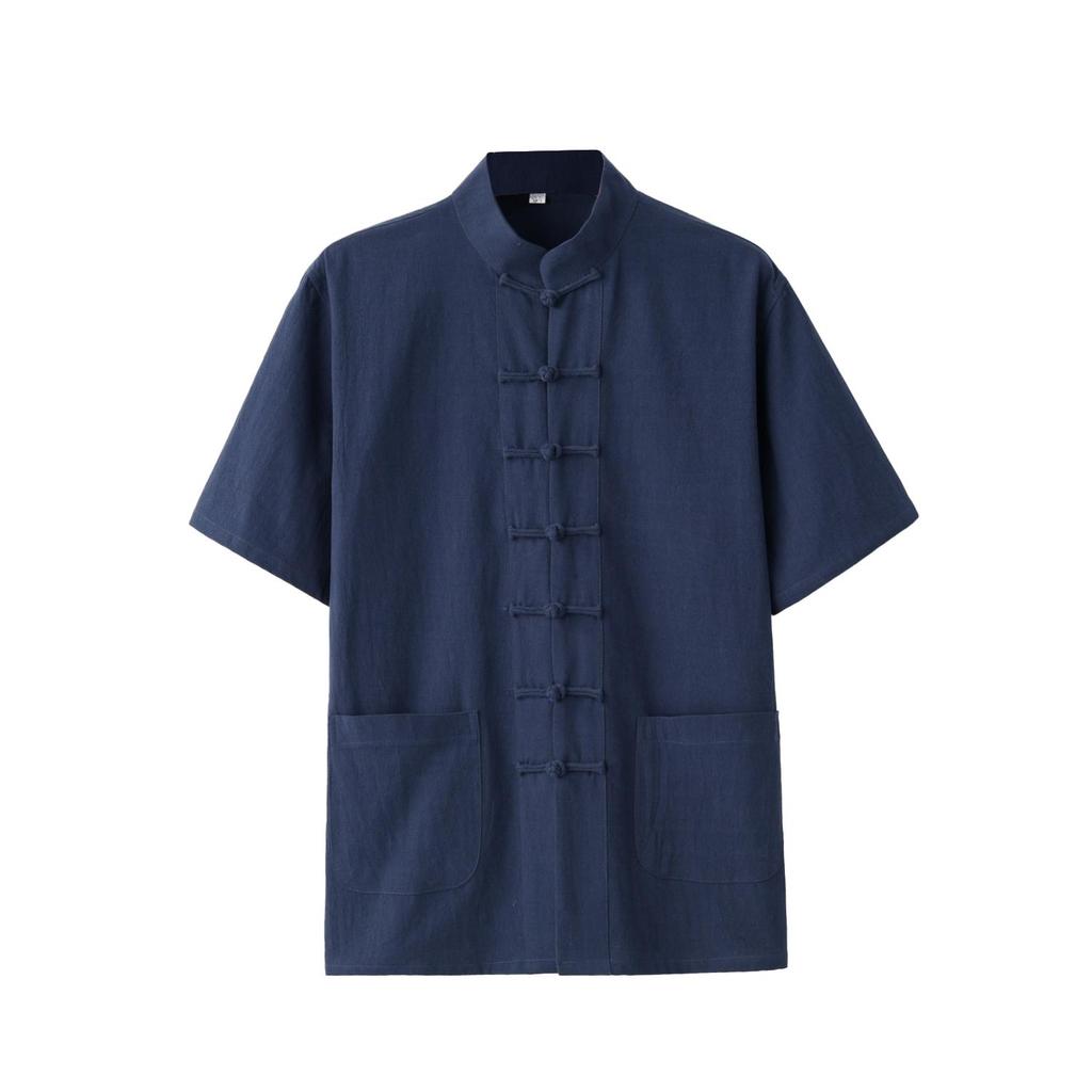 Tang Suit Men's Short-sleeved Cotton and Linen Vintage Tai Chi Shirt Summer Zen Meditation Lay Practitioner Clothing Father's Outfit