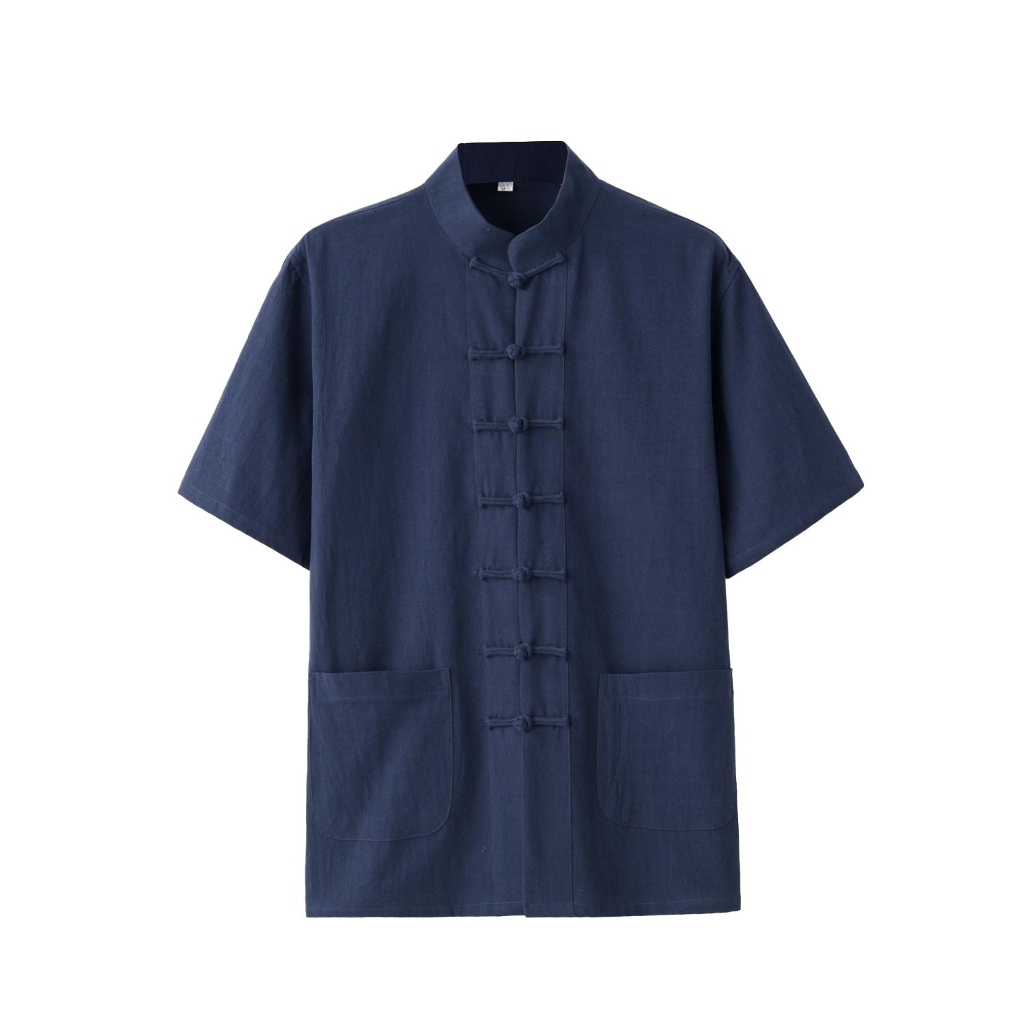 Traditioneller Kleidungsstil Kurzarm Tai Chi Reines Baumwollhemd Tang-Anzug Uniform für Männer Kung Fu Tang Zhuang Männliches Oberteil S navy blau