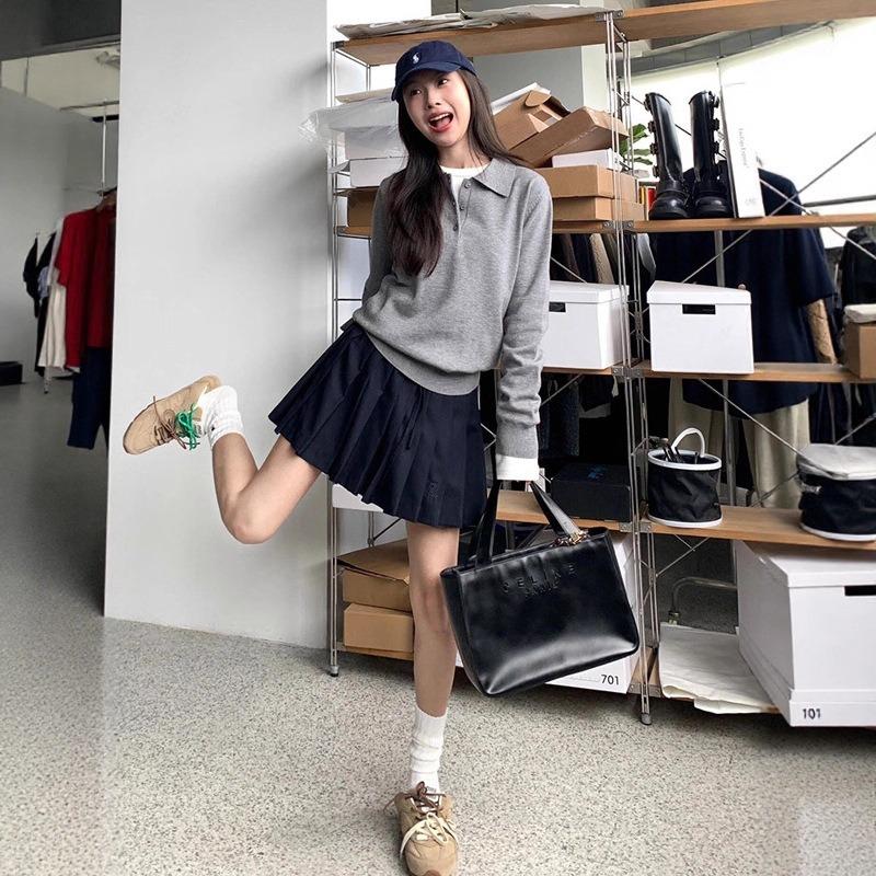 College style gray Plo neck sweater women's season new design sense loose wear knitted sweater top