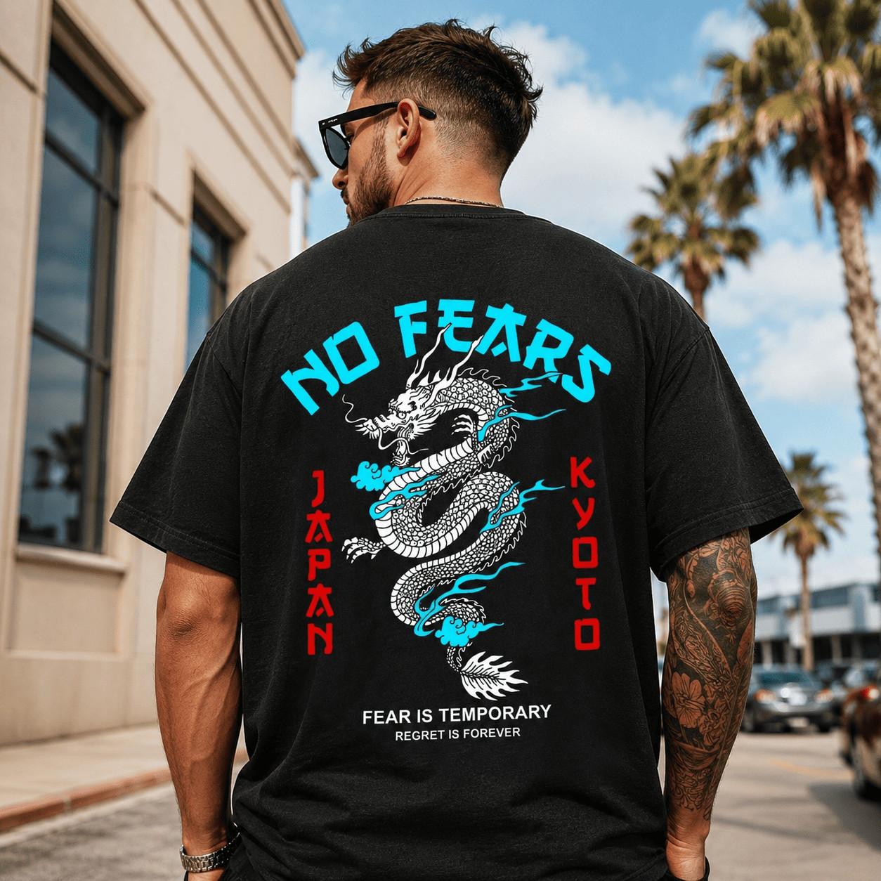 Japanese Dragon No Fears Graphic Tee - Kyoto Streetwear Back-Print Shirt S