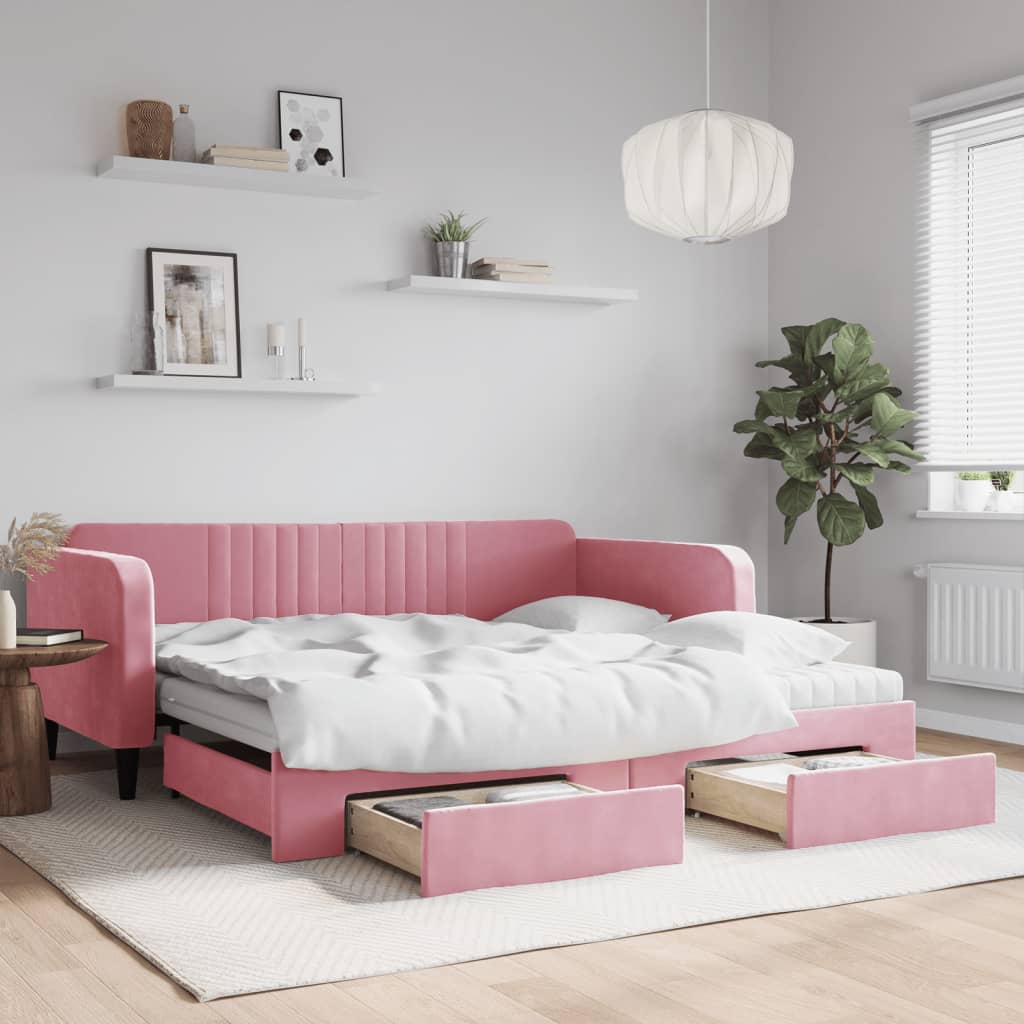 Extendable Daybed with Drawers Pink 100x200 cm Velvet