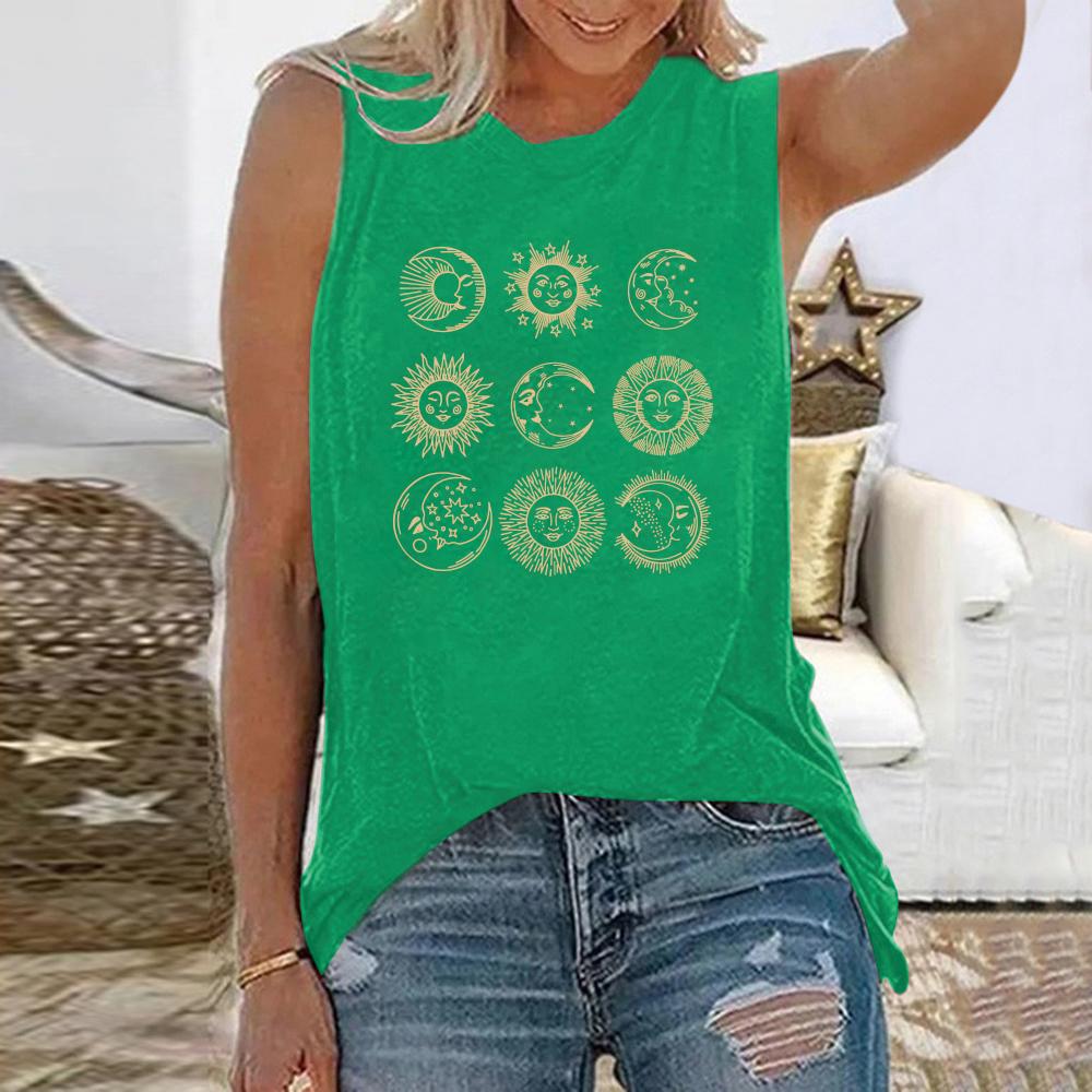 Printed women's sleeveless summer loose T-shirt round neck casual top