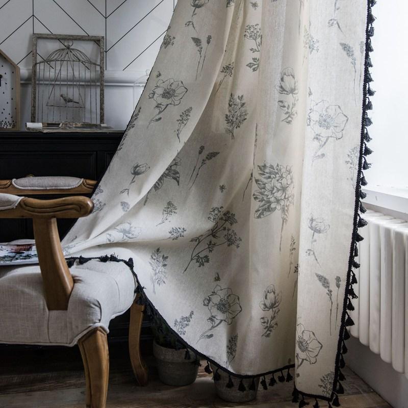 

Blue Flower Printing Finished Curtains American Kitchen Curtain Floating Window Living Room Bedroom Semi-shading Drapes W150 x H160cm&Threading Rod