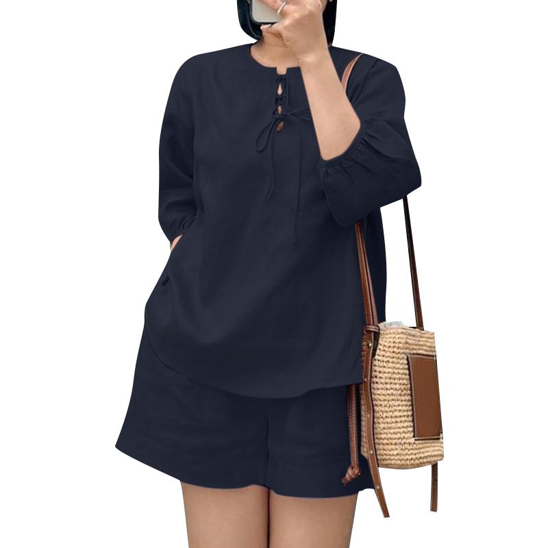 

ZANZEA Женская блузка и шорты Повседневный летний комплект из двух предметов M темно-синий