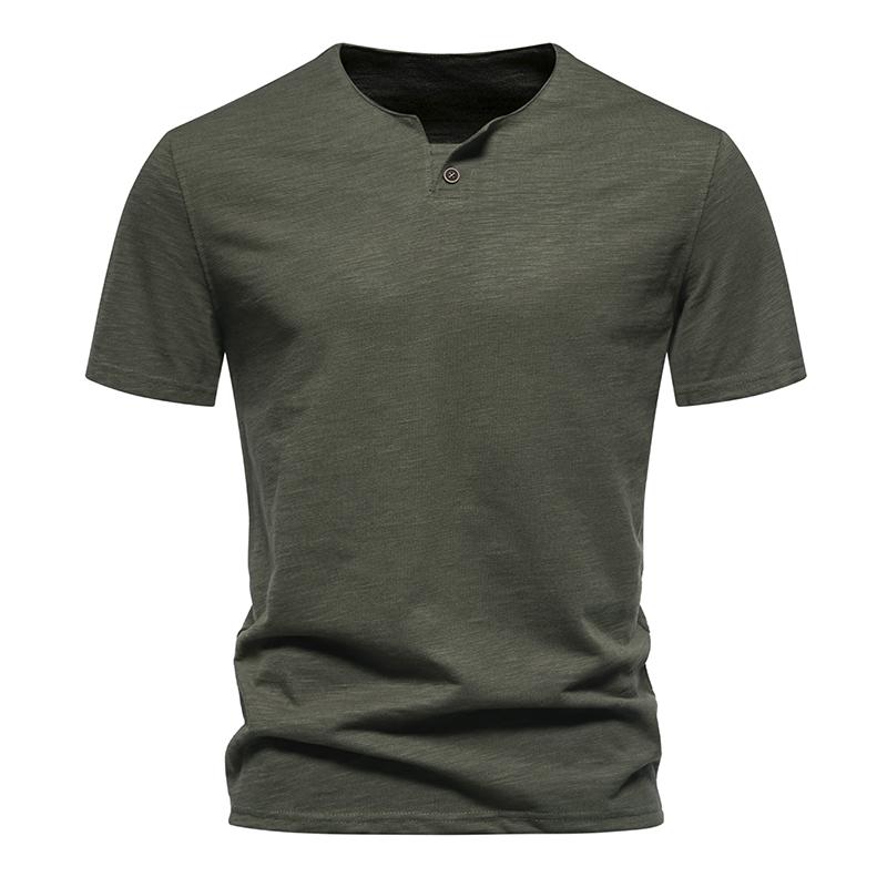 Slub Cotton T-shirt Sold Color Sigle Button V-neck Breathable Short-sleeve T Shirt Hawaiian Shirt Beach Tops Tees for Men