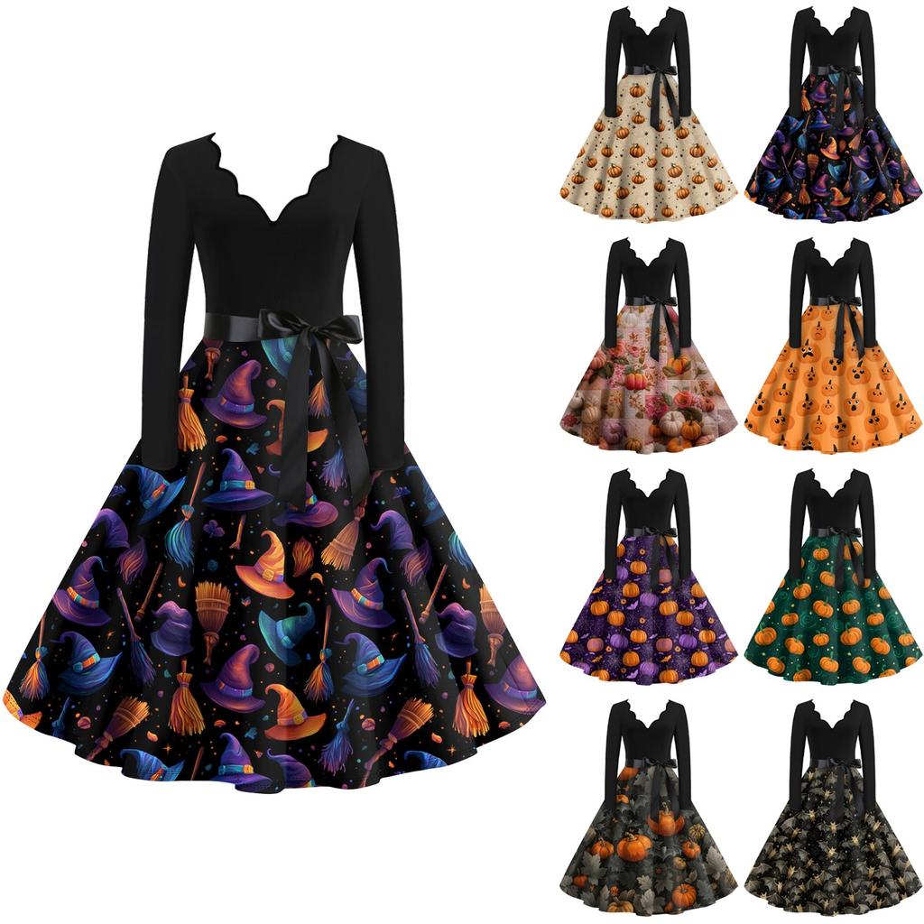Women's Casual Fashion Long Sleeve Halloween Graphic Printed Vintage Long Dresses