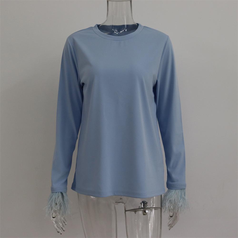 

Женская футболка с круглым вырезом в стиле пэчворк и перьями, однотонный пригородный топ с длинными рукавами M синий