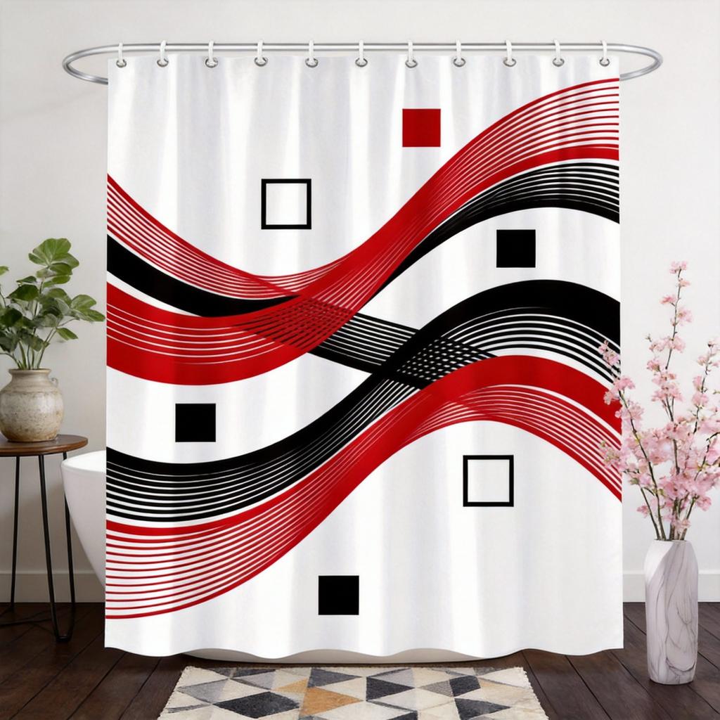 Modern Geometric Shower Curtain 180X180Cm – Red Black Gray Interlocking Shapes On White, Minimalist Bathroom Decor, 12 Hooks