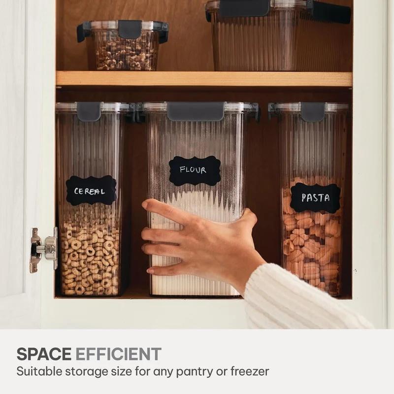 8 Piece Pantry Storage Container Set with Snap Lock Lids Clear Ribbed Design Food Organizer Includes Labels Perfect Dry Goods