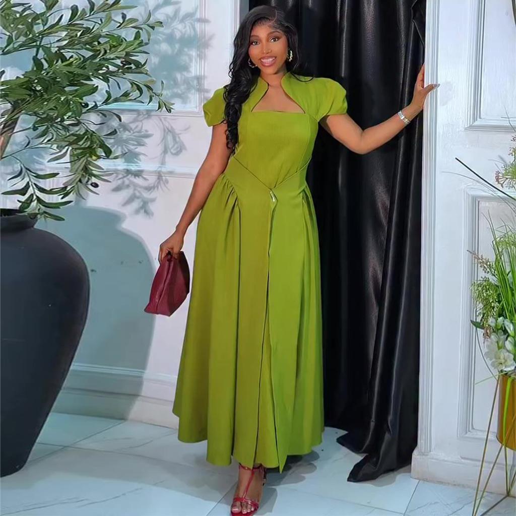 European and American Women's Clothing Summer African New Elegant Style Square Neck Bubble Sleeve Waist Dress