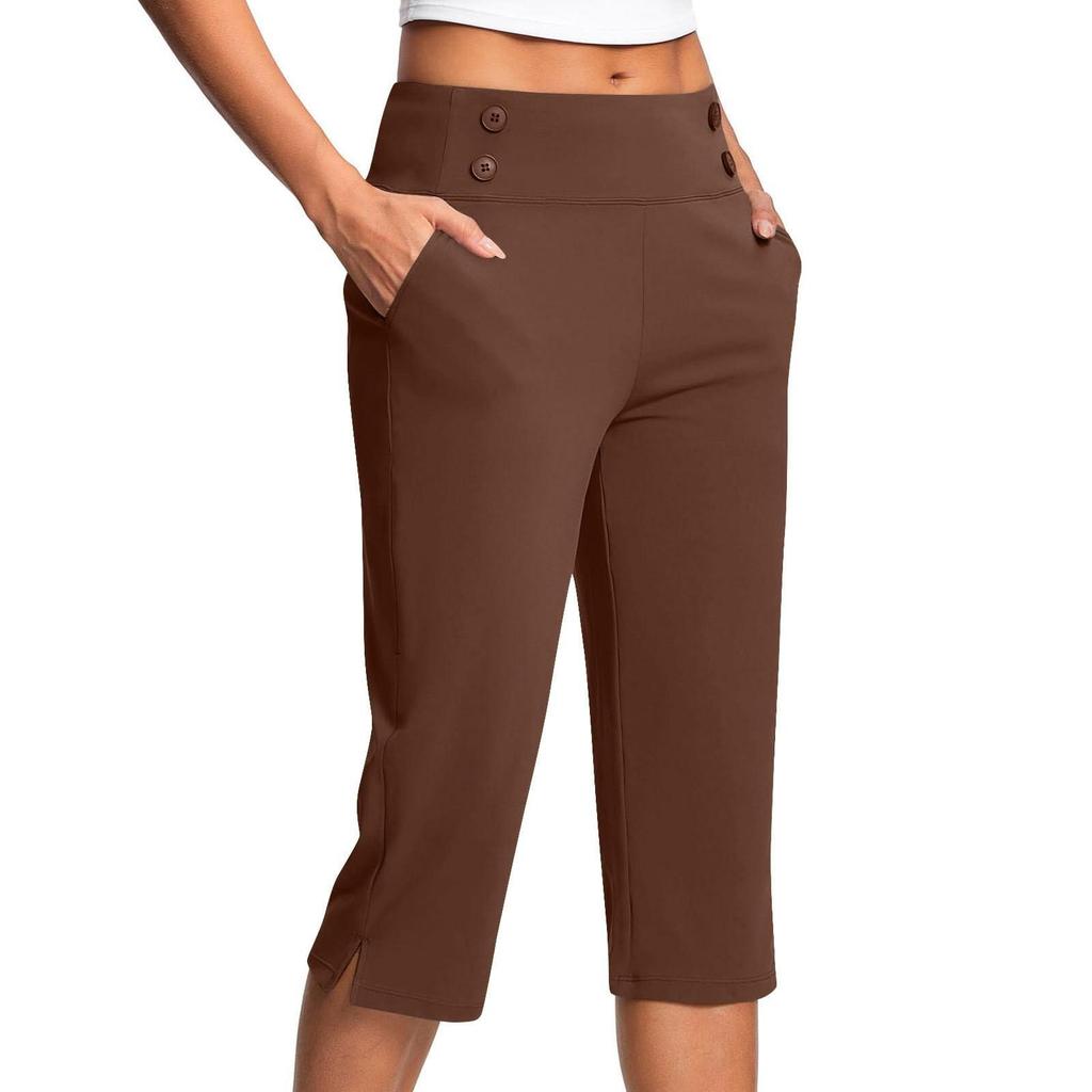 Pantalon court décontracté taille haute pour femme, couleur unie, avec poches boutonnées et ourlets fendus, idéal pour le sport et le yoga