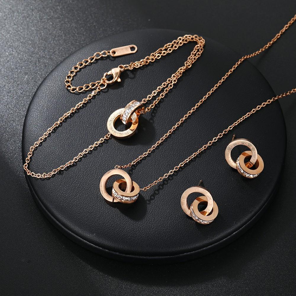 Yupsk 4Pcs/Set Stainless Steel Circles Roman Numbers Necklace Bracelet Earrings for Women Simple Versatile Daily Jewelry