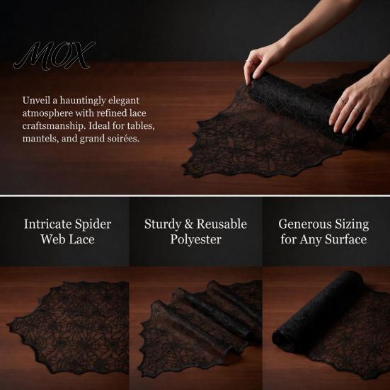Gothic Table Decor Halloween Runner, Black Lace Spider Web Runners, 17.7 X Spiderweb Runner 70.9Inch for Home Party Dinner Kitchen Mantel Bedroom