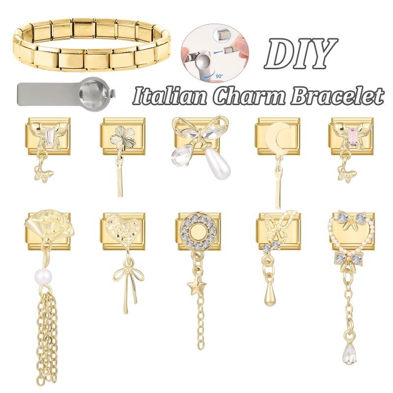 Wholesale Heart Butterfly Bow Flower Chain Pendant Golden Italian Charm Fit 9MM Stainless Steel Bracelet Women DIY Jewelry Gift