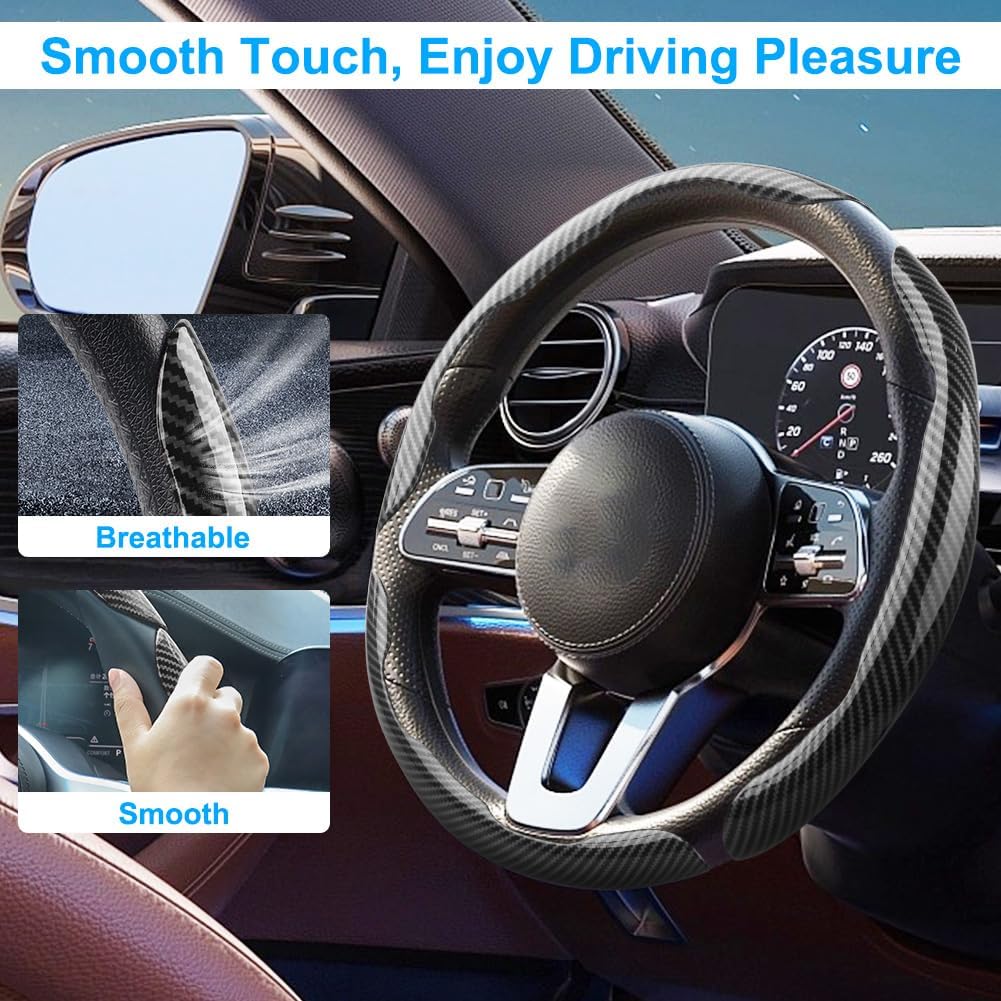 Carbon Fiber Steering Wheel Cover 3PCS, Non-Slip Grip For Universal Cars,Fit For 14–16 Inch Wheels, Interior Accessories For Cars Trucks (Black)