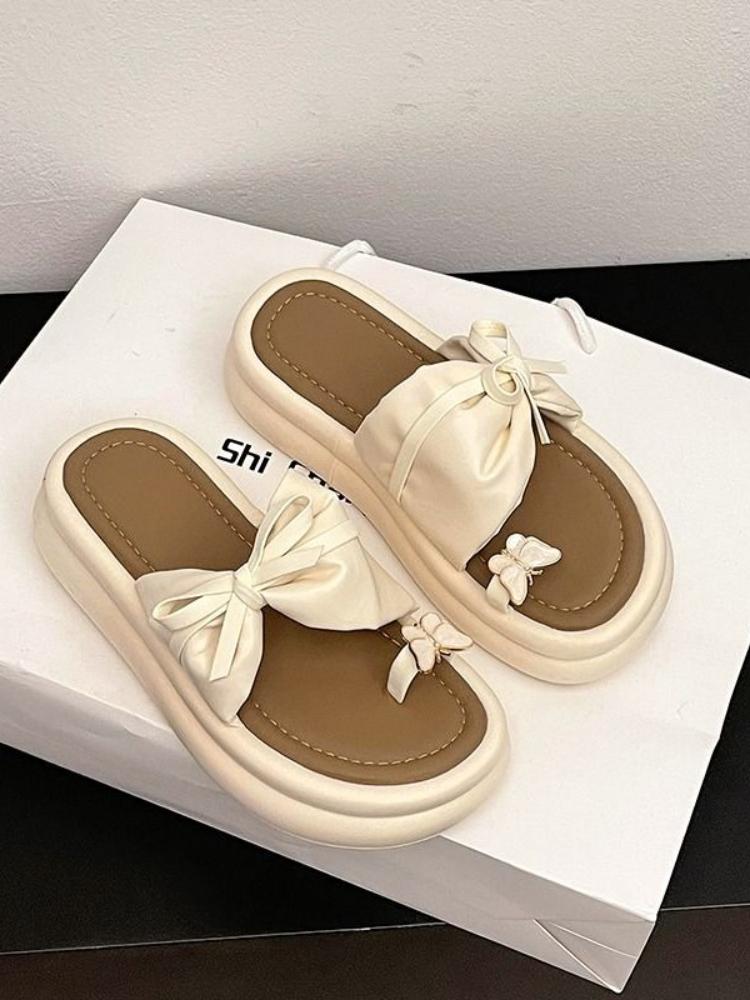 Sandals Black Shoes for Women on Beach Platform Slides Open Toe with Bow Woman Slippers Clappers Summer Footwear 2025 Trend Sale