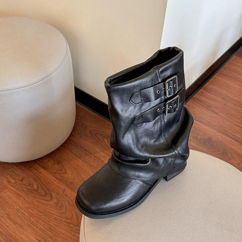 Cowhide Version~ Today's Popular Short Boots Women's Leather Black Stacking Pants Tube Boots Thick-soled Cowboy Boots