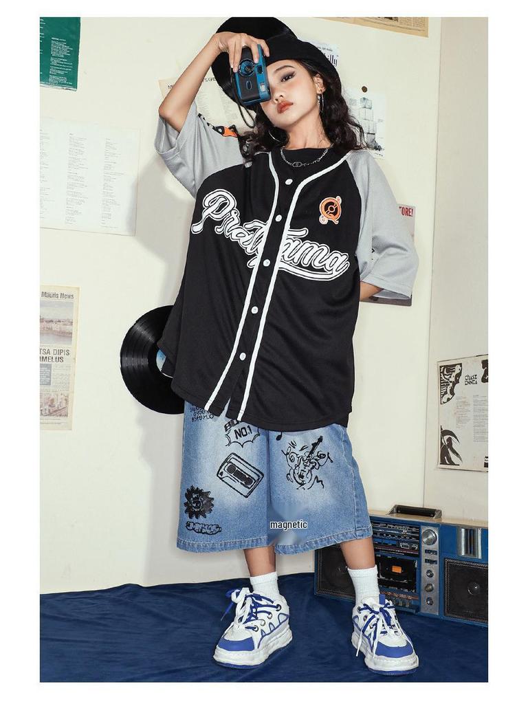 Modny hip-hopowy zestaw uniformów baseballowych dla dzieci - Krótki rękaw, letni kostium na występy dla chłopców i dziewcząt