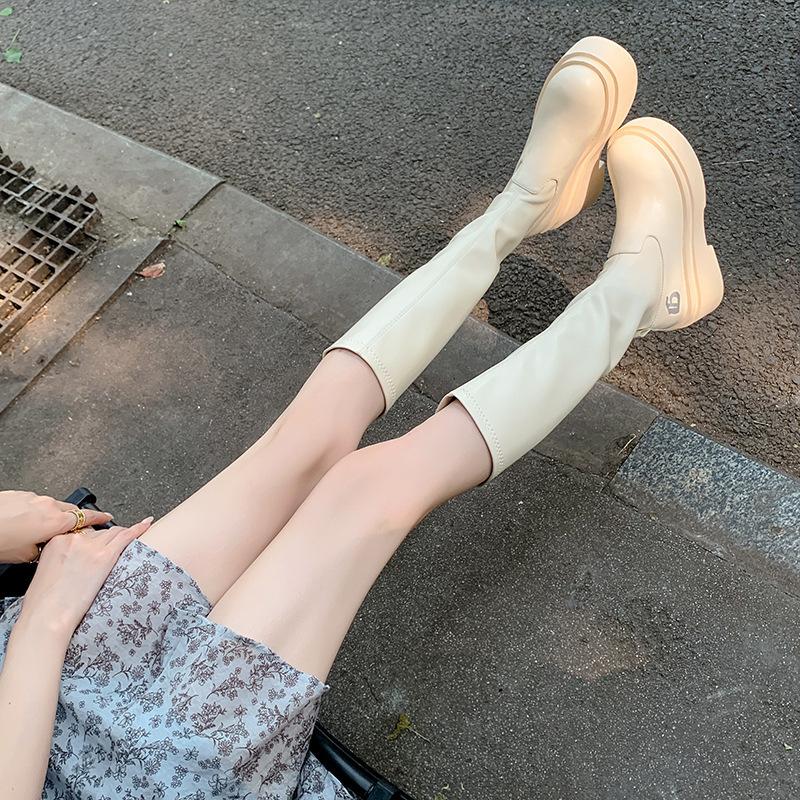 Cowhide version small elastic thin boots Spice girl high boots thick-soled short boots women's autumn and winter boots