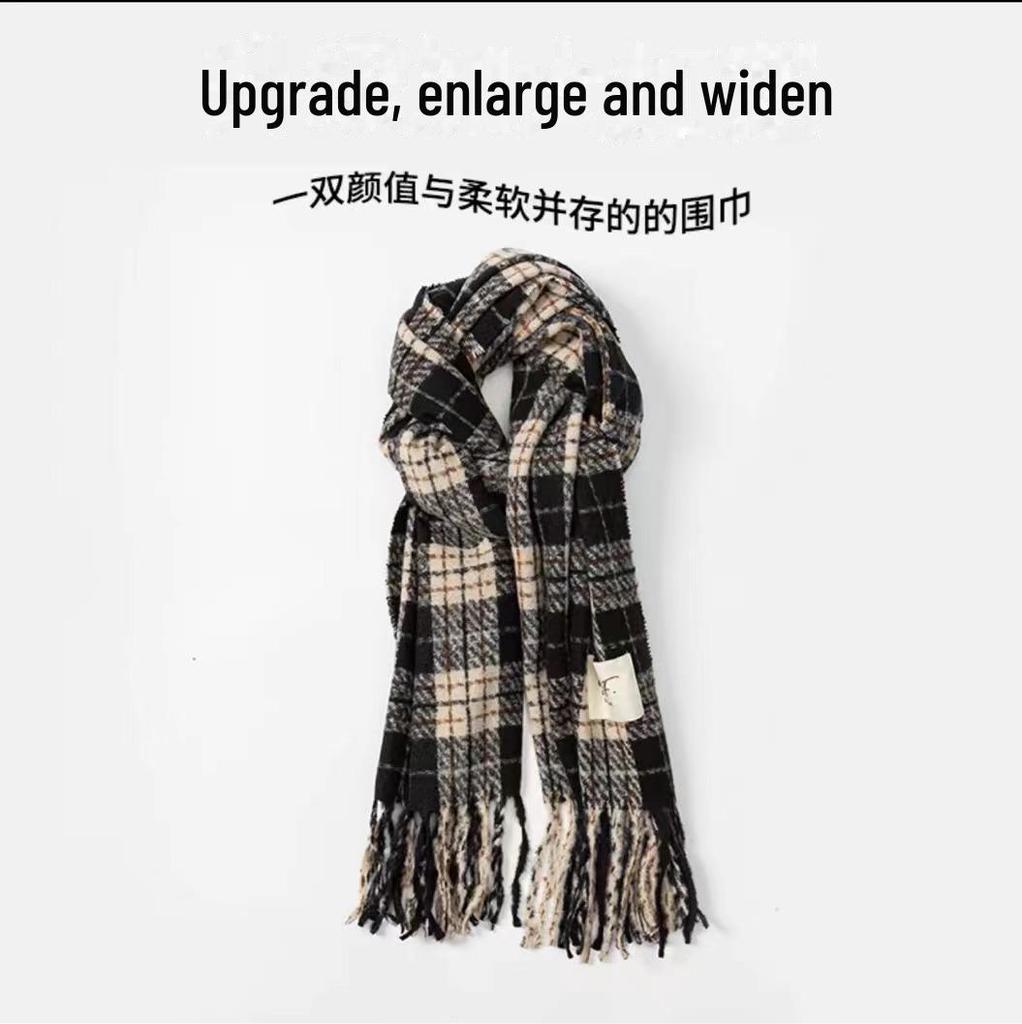 Korean-Style Rose Pink Plaid Scarf: Soft, Warm, Trendy Tassel Shawl for Women