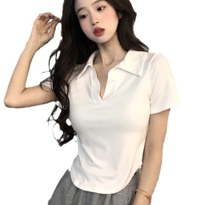 Women's Summer Slim Fit Korean-Style Polo T-Shirt with Ice Silk and Irregular Hem
