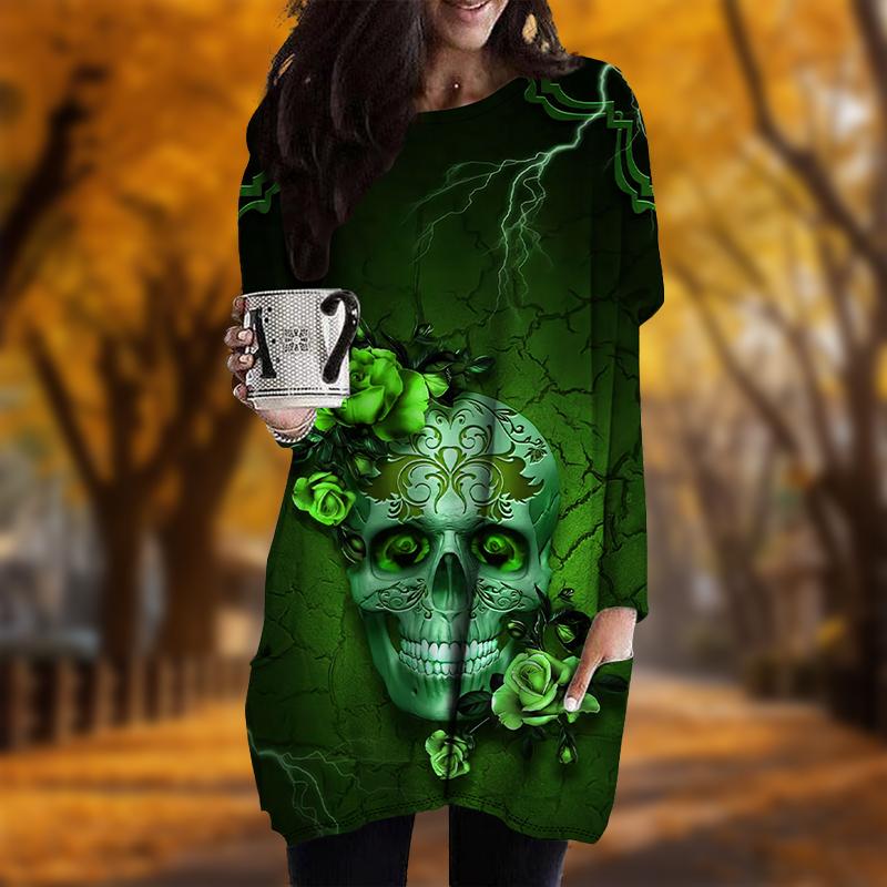 New In Autumn Skull Lightning Print Plus Size Dress Women O'neck Long Sleeves Casual Pocket Dresses