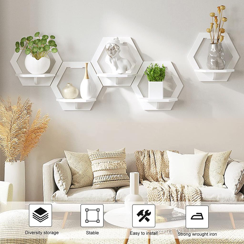 3-15Pcs Wall Mounted Hexagon Wall Shelf Flower Pot Display Stand Punch Free Handicraft Display Rack for Living Room Bedroom Dect