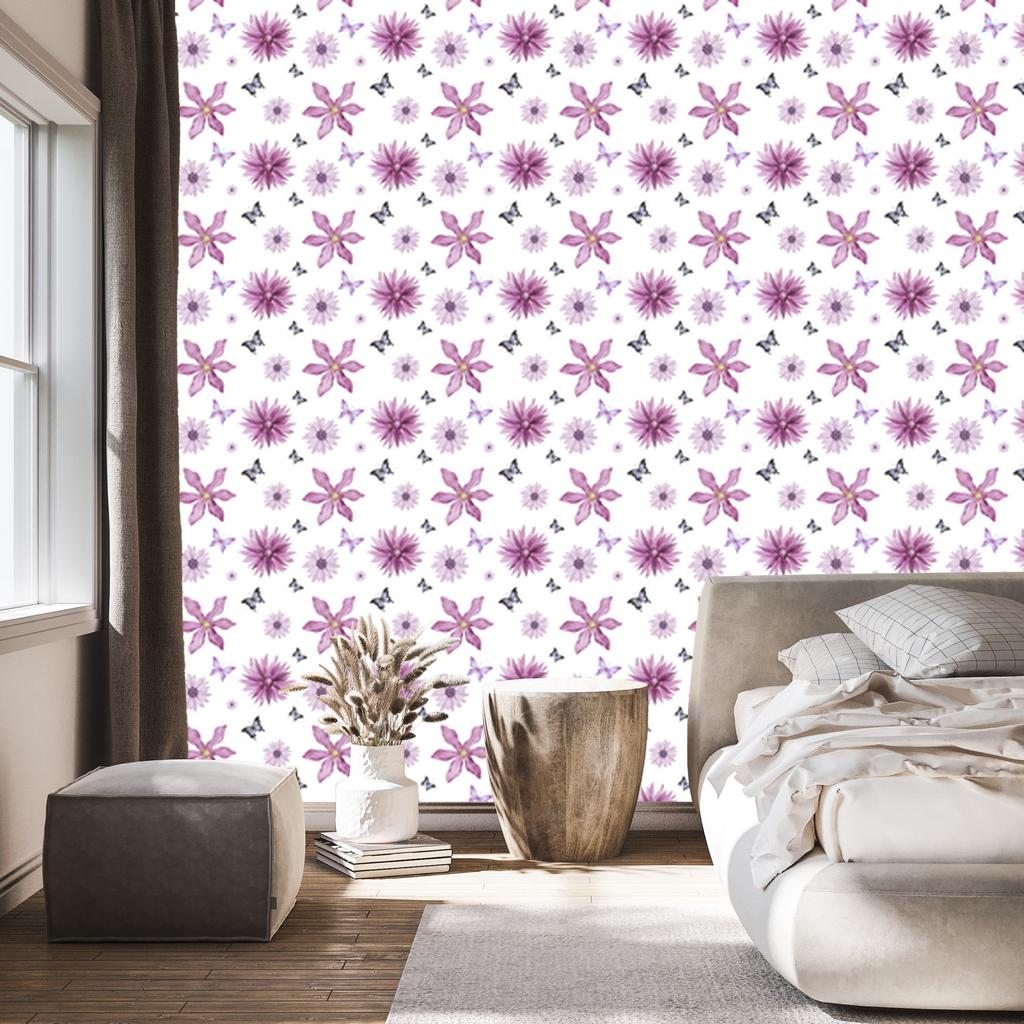 Wallpaper Flowers White and Purple for Living Room and Bedroom 50x1000
