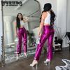 WTEMPO Dame Metalliske Bukser med Rette Ben Glitrende Elastisk Midje Bukser Vår Høst Streetwear Klubbklær Kostymer