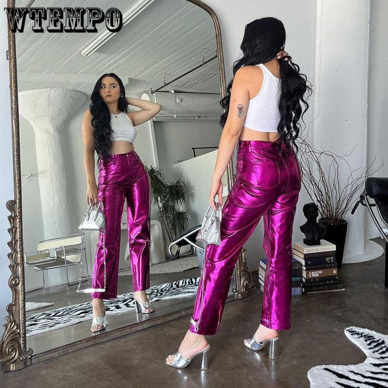 WTEMPO Pantalones Metálicos Rectos para Mujer Pantalones Brillantes de Cintura Elástica Ropa de Calle para Primavera Otoño Ropa de Club Disfraces