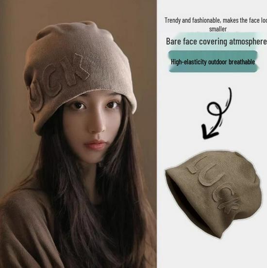 Women's Autumn/Winter 2025 Korean Style Knitted Ear Protection Baotou Hat with Japanese Lettering for Small Face