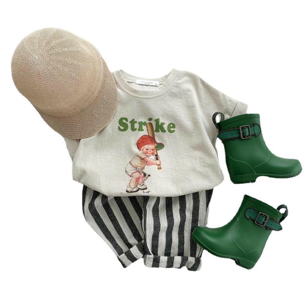 Dětské letní bavlněné pruhované kalhoty se stahovací šňůrkou v korejském stylu