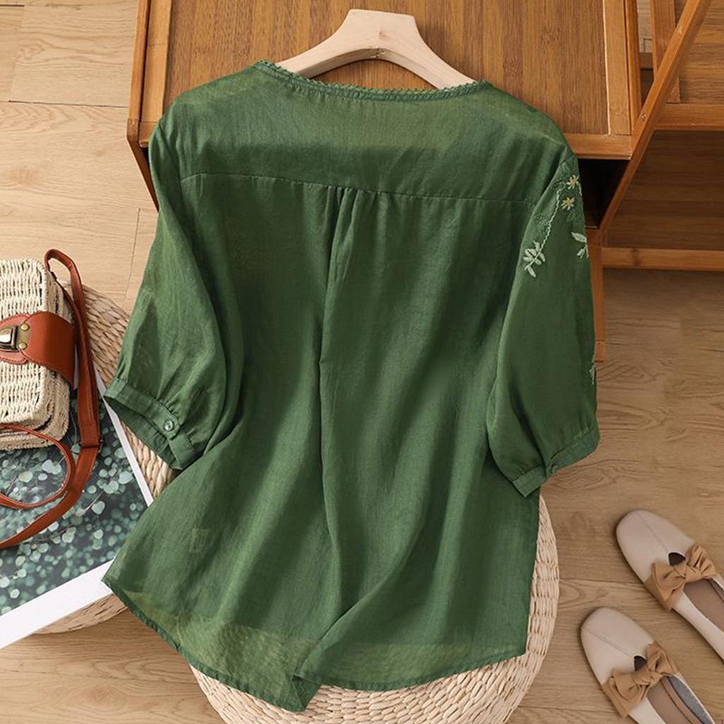 Women's Solid Color Cotton And Linen Short-sleeved Embroidered Retro Breathable T-shirt Round Neck Top